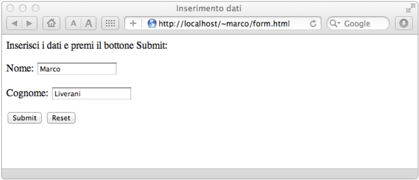 La semplice form HTML per l'invio di due parametri ad uno script CGI
