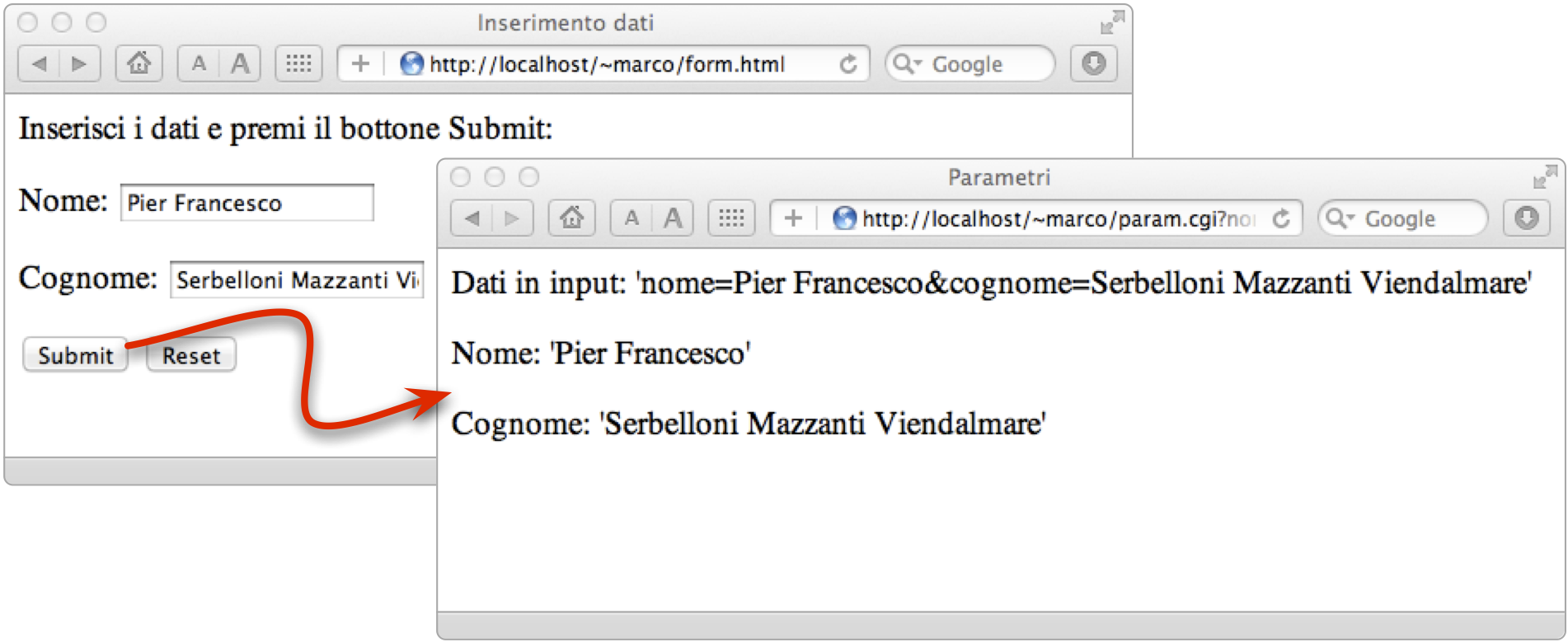 Esempio di output prodotto dallo script che acquisisce in input i dati inseriti nella form