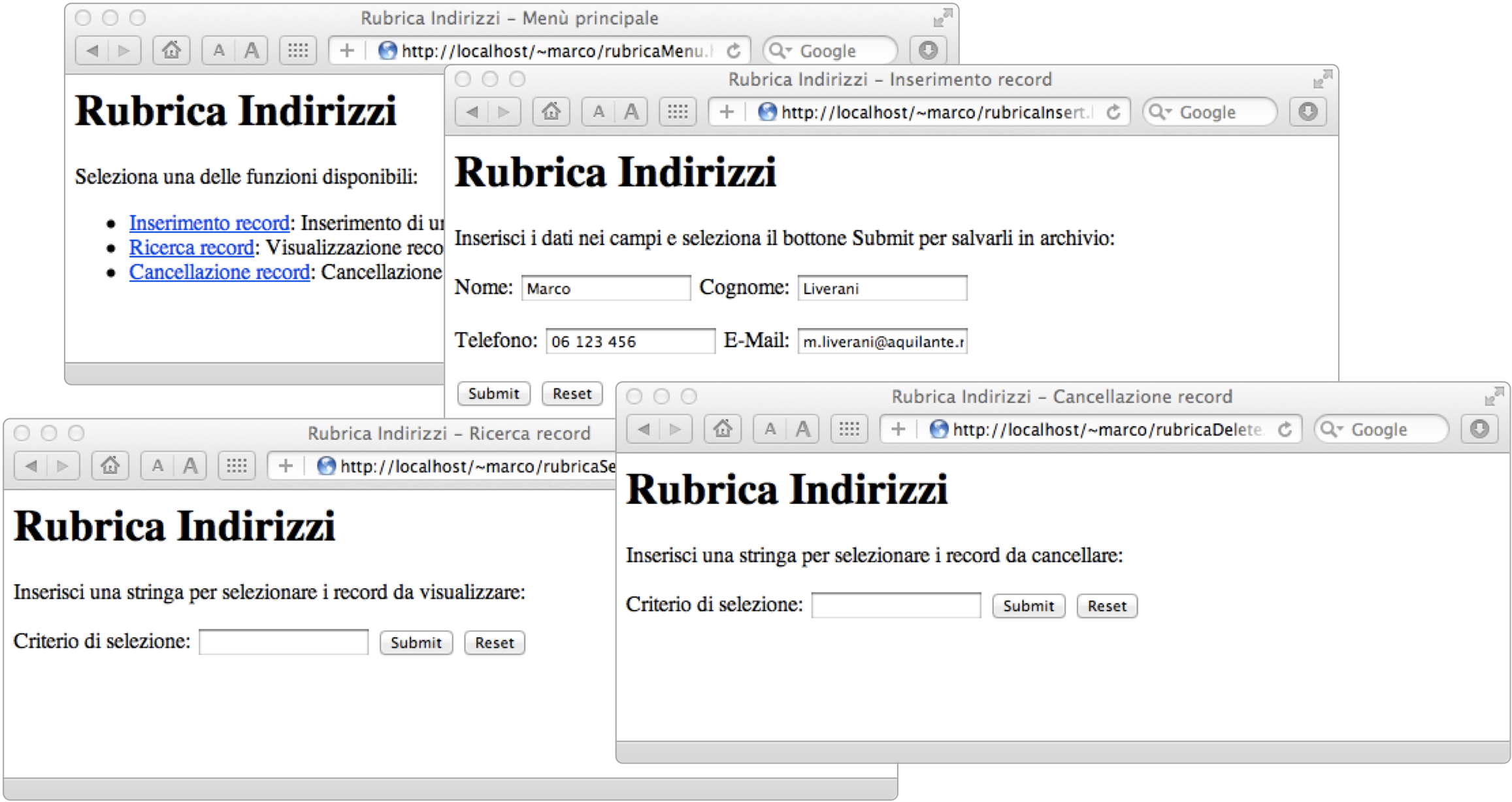 L'output prodotto dai file HTML dell'applicazione