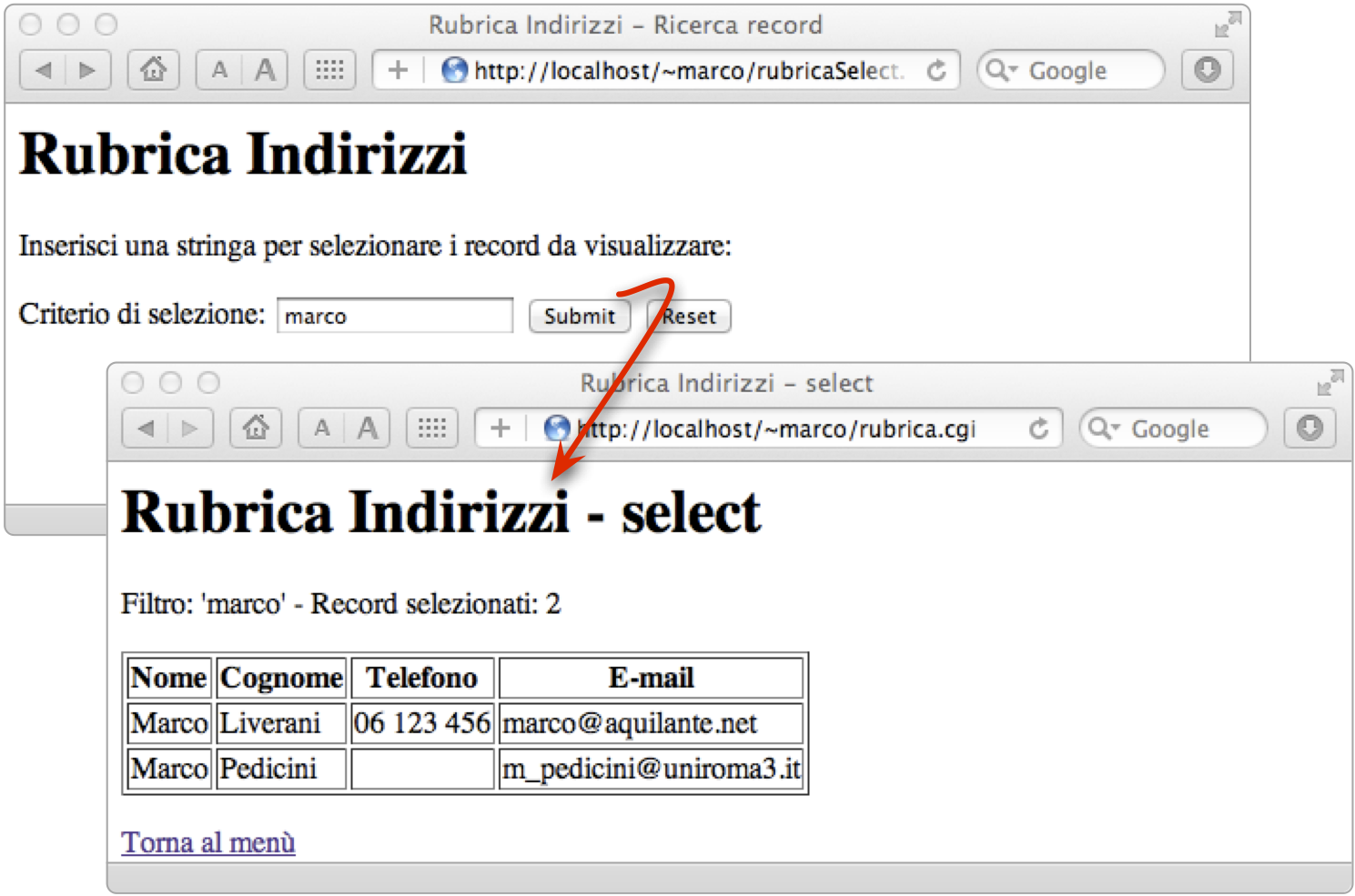 Due schermate dell'applicazione rubrica web based